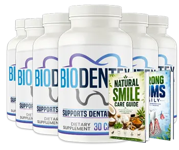 Six Biodentex supplement bottles with Natural Smile Care Guide and Strong Gums Daily bonus ebooks