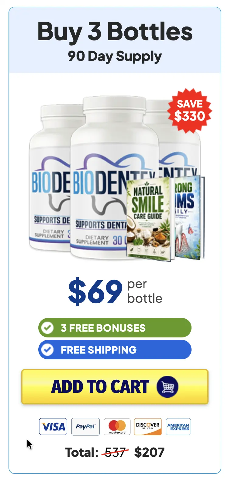 Biodentex pricing card, buy 3 bottles, 90 day supply, $69 per bottle, save $330, with 3 free bonuses and free shipping